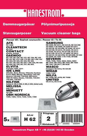 Dammsugarp�sar AFK Cleantech Contact Daewoo Elvita Ide Line Menuett OBH Nordica